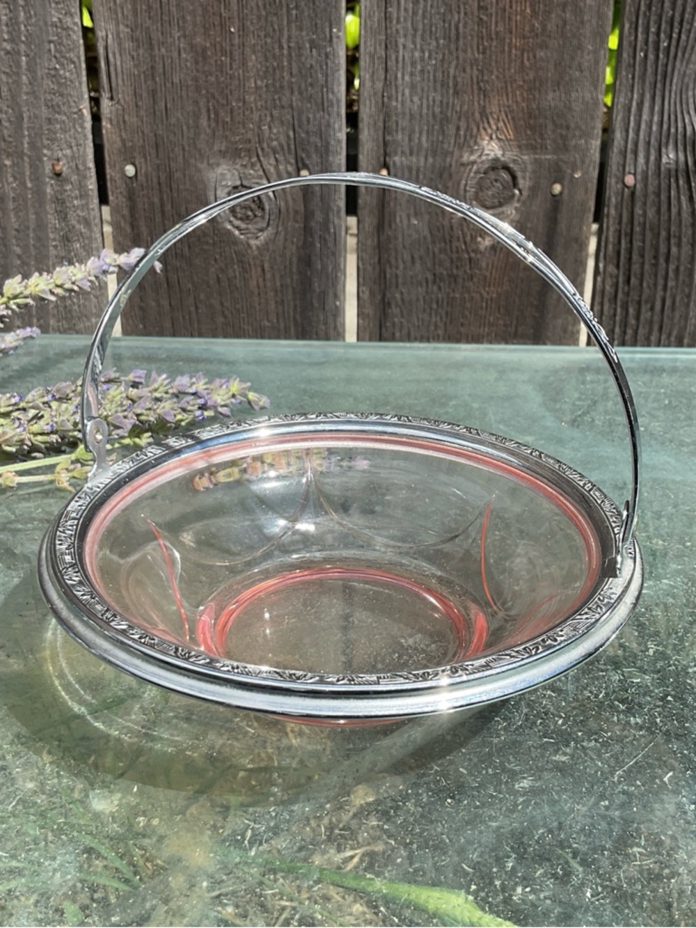 c.1936 Hazel Atlas Glass Pink Newport Candy Dish in Chromium Frame